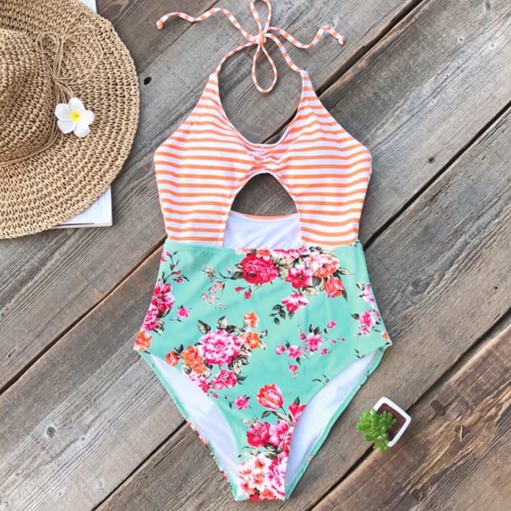 NWT Orange Stripe & Mint Floral Swimsuit